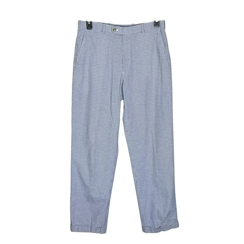 Peter Millar Men’s Pants 34 Blue Plaid Seersucker 100% Cotton Cuffed Golf Preppy